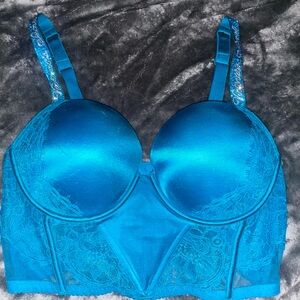 Blue 38D VS silky material corset push-up bra, sparkle VS on straps. NWOT